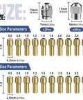 Diagram showing sizes of keyless drill chuck collet set with brass metal collets in M7 and M8 sizes for rotary tool adapter.