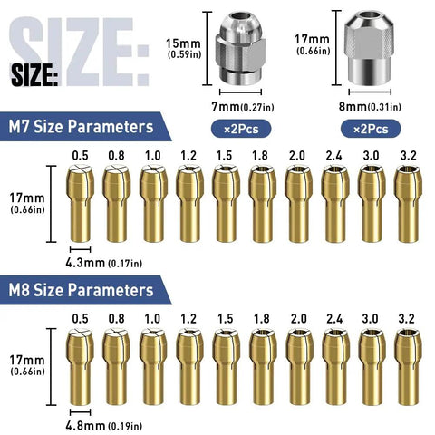 Diagram showing sizes of keyless drill chuck collet set with brass metal collets in M7 and M8 sizes for rotary tool adapter.