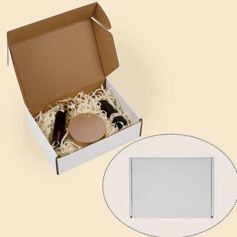 Self Locking White Corrugated Shipping Boxes Pack Of 25 Easy Fold Mailers For Small Business Lightweight Sturdy Cardboard Packs with items inside.
