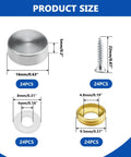 Stainless Steel Screw Cover Caps Set 24 Pieces with measurements showing cap, screw, washer sizes for furniture and mirrors.