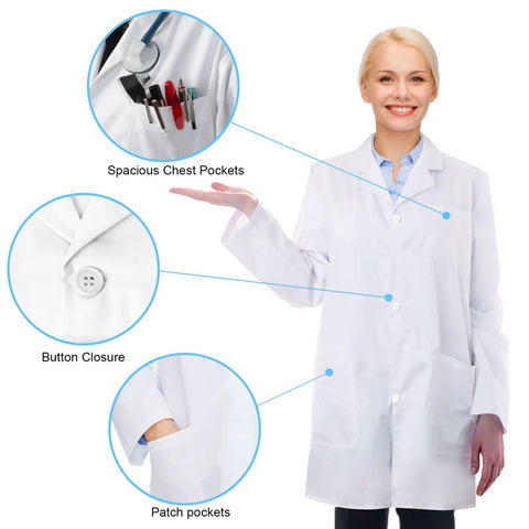 Unisex White Lab Coat For Adults With Long Sleeves, Stain Resistant Polyester, shown with spacious pockets and button closure