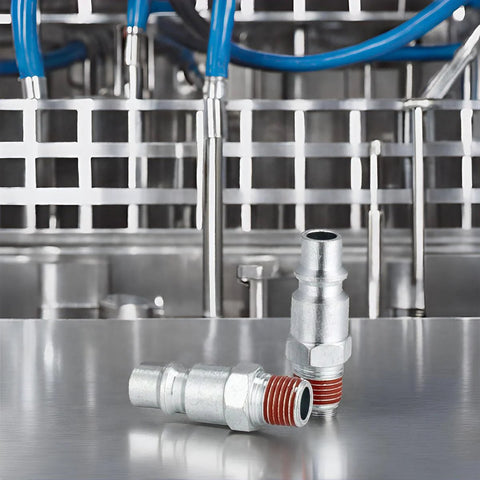 Two 3/8 inch steel high-flow air hose fittings with red thread sealant and M-type plug on stainless surface.