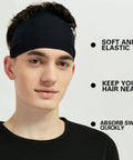 Man wearing black headband with text highlighting benefits, 5 Pack Moisture Wicking Workout Headbands For Men And Women, Sweatbands For Running, Cycling, Football, And Yoga, Ultra Absorbent, Lightweight, Highly Elastic Hairbands In Gray Green White Blue Black.