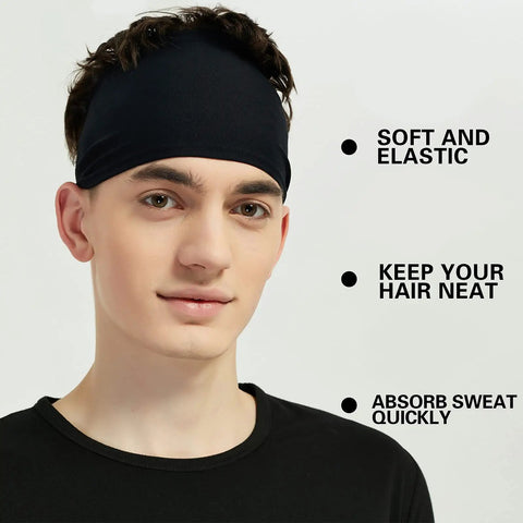 Man wearing black headband with text highlighting benefits, 5 Pack Moisture Wicking Workout Headbands For Men And Women, Sweatbands For Running, Cycling, Football, And Yoga, Ultra Absorbent, Lightweight, Highly Elastic Hairbands In Gray Green White Blue Black.