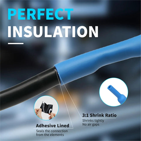 Super Cool 1 Meter Dual Wall 3:1 Heat Shrink Tube Kit With Adhesive Liner, 10 Sizes For Wire Wrap Sleeve And Insulation, Brown 7.9mm, Tough Protection Against Wear And Moisture For All Your Wiring Projects. Blue dual wall heat shrink tube with adhesive liner and 3:1 shrink ratio on black cable