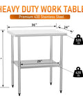 Stainless Steel Work Table For Food Prep And Heavy Duty Kitchen Station 24 by 36 inches with adjustable undershelf and weight limits