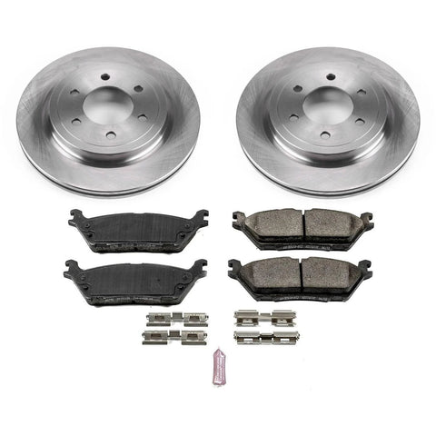PowerStop rear brake kit: two silver rotors, four ceramic brake pads, mounting clips, and a lubricant sachet