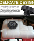 Close-up of a radiator coolant reservoir cap on a water tank with text, "Radiator Surge Tank Cap Easy Install Coolant Cap For Cars".