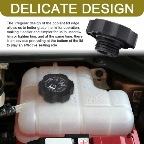 Close-up of a radiator coolant reservoir cap on a water tank with text, "Radiator Surge Tank Cap Easy Install Coolant Cap For Cars".