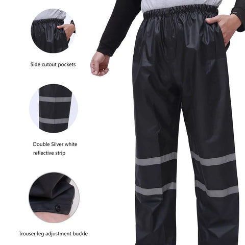 Hi Vis Reflective Rain Gear Set For Men Waterproof Jacket And Pants Yellow Large Lightweight All Weather Rainwear With Safety Reflectors For Maximum Visibility And Wet Weather Protection with reflective striped pants in use.