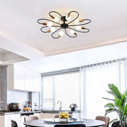 Eight Light Dope Semi Flush Ceiling Light Sputnik Style Chandelier Modern Mid Century Industrial Vintage Metal Pendant Lighting Fixture For Kitchen Dining Living Room Bedroom Black And Gold in a kitchen setting