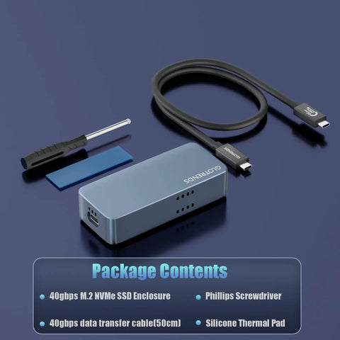 M.2 NVMe SSD Enclosure Delivers Sick 40Gbps Thunderbolt Speeds with driver, cable, and thermal pad for efficient storage.