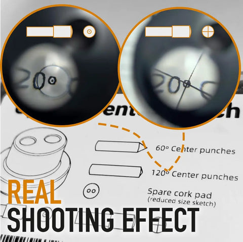 Precision Optical Center Punch Kit showing crisp crosshair view through the lens with center punch details and cork pad.