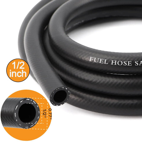 Half Inch Fuel Line Hose 10 Foot With Push Lock NBR Rubber SAE 30R7 300 PSI Durable Auto Engine Fuel System Hose Kit Includes 10 Clamps For Oil Gas Diesel Water Air Biodiesel, close-up view of hose and dimensions.