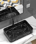 USZWBY Black Marble Pattern Vessel Vanity Sink Above Counter Basin Square Ceramic Wash Bathroom Sink Modern Countertop view with faucet