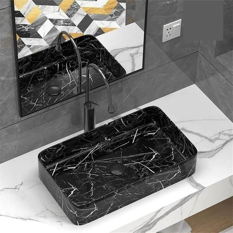 USZWBY Black Marble Pattern Vessel Vanity Sink Above Counter Basin Square Ceramic Wash Bathroom Sink Modern Countertop view with faucet
