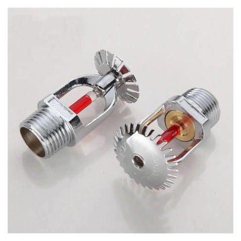 Five Piece Set Heavy Duty Downward Fire Sprinkler Heads Offering Automatic Spray Action For Quick Sixty Eight Degree Activation And No Fuss Plug And Play Commercial Or Residential Upgrades, chrome finish with red activation element.