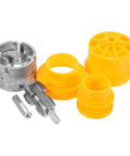 WRITWAA Electric Drill Pipe Threader Kit Easy To Use Cutting Threading Tool Multiple yellow dies and metal fittings for pipe threading.