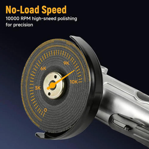 Badass 4 Inch Air Angle Grinder With Front Exhaust 10000 Rpm Pneumatic Metal Cutting And Grinding Tool showing no-load speed gauge measuring RPM.
