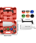Top Tier Oil Funnel Kit With Flexible Spill Proof Designs And Color Coded Connectors For Fast Garage Oil Changes On Any Car Or Truck Without Extra Adapters So You Can Get Your Fleet Rolling Smooth Today in a red case, showing various funnels and caps.