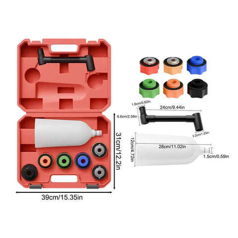 Top Tier Oil Funnel Kit With Flexible Spill Proof Designs And Color Coded Connectors For Fast Garage Oil Changes On Any Car Or Truck Without Extra Adapters So You Can Get Your Fleet Rolling Smooth Today in a red case, showing various funnels and caps.