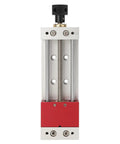 Aluminum CNC Bench Vise With 100mm Clamp Range For Repair And Assembly, Polished Oxidized Finish, front view with red base detail.