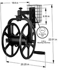Multi Directional Garden Hose Reel With 360 Degree Rotation Holds One Hundred Twenty Five Feet Of Five Eighths Inch Hose Heavy Duty Eighteen Gauge Steel Construction Bronze Powder Coat For Weather Resistance Pull Up Knob And Storage Tray Hose Not Included dimensions.