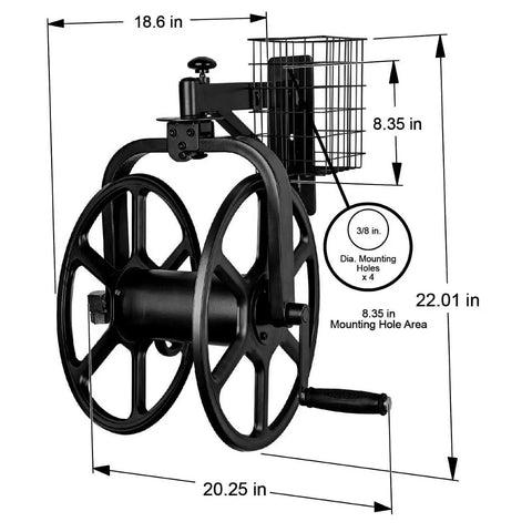 Multi Directional Garden Hose Reel With 360 Degree Rotation Holds One Hundred Twenty Five Feet Of Five Eighths Inch Hose Heavy Duty Eighteen Gauge Steel Construction Bronze Powder Coat For Weather Resistance Pull Up Knob And Storage Tray Hose Not Included dimensions.