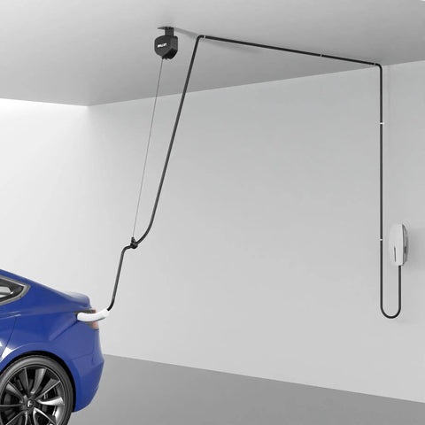 Drop Dead Easy Ceiling Mount EV Charger Cable Retractor With Smooth Auto Glide 11.5 Ft Spool installed above blue car in garage.