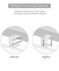 Diagram showing multiple mounting options for Beefy Center Support Bracket For 2 Inch Horizontal Blinds with screws.