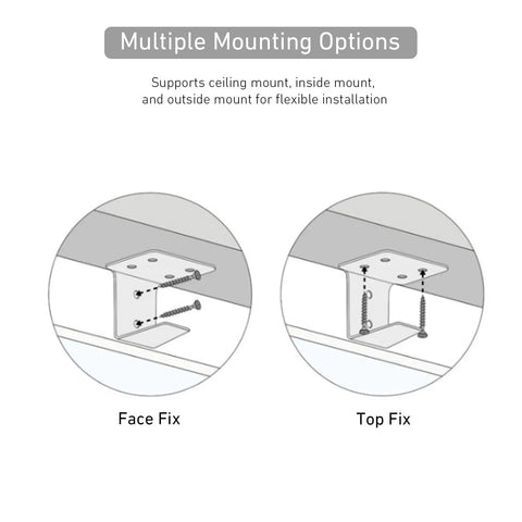 Diagram showing multiple mounting options for Beefy Center Support Bracket For 2 Inch Horizontal Blinds with screws.
