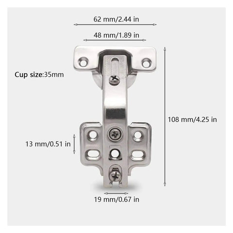 Detailed measurements of Two Pack 135 Degree Corner Cabinet Hinges With Soft Close For Kitchen Cabinets Easy Install Hardware Set.