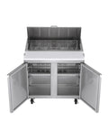 Commercial 7.6 Cu Foot Sandwich Salad Prep Table Refrigerator In Stainless Steel With Smart Digital Controls, open top view with adjustable shelves.