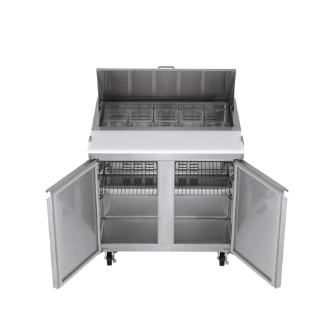 Commercial 7.6 Cu Foot Sandwich Salad Prep Table Refrigerator In Stainless Steel With Smart Digital Controls, open top view with adjustable shelves.