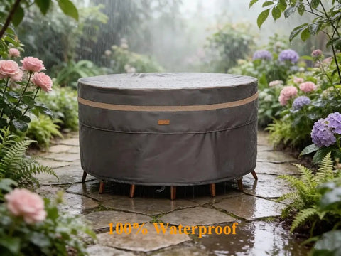 Heavy Duty Round Patio Table And Chair Cover 84 Inch Diameter 28 Inch High Waterproof UV Resistant Dark Grey Fits 84 Inch Tables Or 47 Inch Tables With Chairs Outdoor Weatherproof Protection shown covering furniture in garden