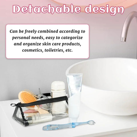 Travel Makeup Bag For Women With Hangable Roll Up Organizer And Four Removable Compartments displayed next to a sink.