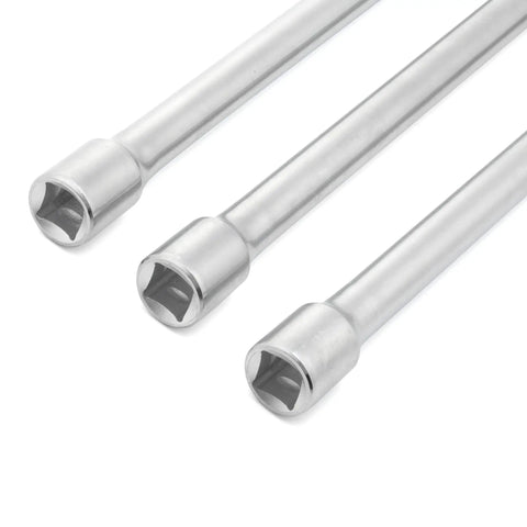 Close-up of Long Reach Half Inch Drive Extension Bar Set 3 Piece in 18 24 30 Inch Lengths with mirror finish ends.