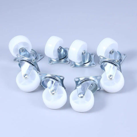 8 Pcs Inch Swivel PP Caster Wheels for Furniture and Workbench, white plastic wheels with metal brackets, designed for smooth rolling.
