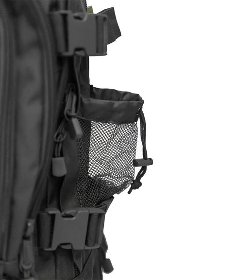 Side view of black heavy duty tactical backpack for men waterproof military style daypack with MOLLE system and mesh pocket detail