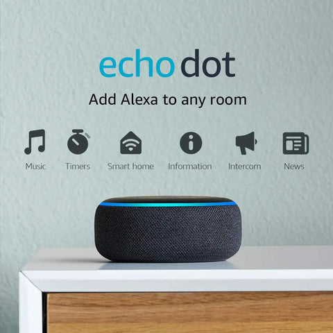 Hella Compact Smart Speaker With Alexa Built In Drops Kickass Soundwaves Smooth For Cozy Rooms Stereo Pairing Ready Charcoal Shell on table.