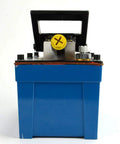 Air hydraulic pump power pack unit with blue metal housing and yellow cap, front view