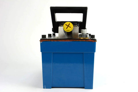 Air hydraulic pump power pack unit with blue metal housing and yellow cap, front view