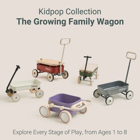 Various colors of Kidpop Growing Family Wagon collection for children ages 1 to 8, showcasing a range of small pull wagons.