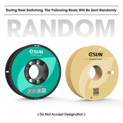 Two eSUN 3D printer filament spools shown with random selection note, black and gold spool design visible.