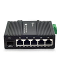 Industrial Grade Mini Gigabit Ethernet Switch with SFP Slot, DIN rail mount, front view, five 1000Mbps RJ45 ports, 1G SFP fiber port.