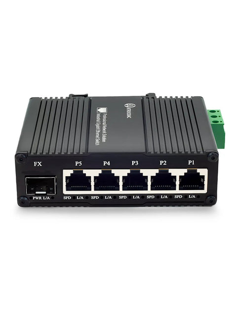 Industrial Grade Mini Gigabit Ethernet Switch with SFP Slot, DIN rail mount, front view, five 1000Mbps RJ45 ports, 1G SFP fiber port.
