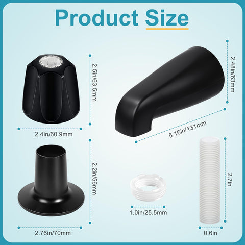 Matte Black 3 Piece Shower Knob And Tub Spout Kit dimensions, including knob, flange, spout, adapter for 1/2 IPS and 3/4 IPS pipe