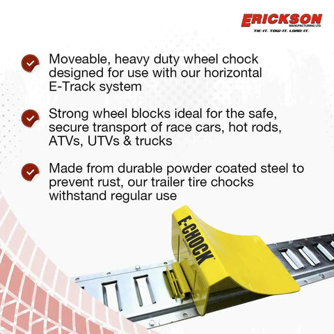 Movable Wheel Chock For E Track System, Heavy Duty Steel, Rust Resistant Powder Coat Finish, Quick Lock, Secure Trailers