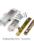 Heavy Duty Pivot Floor Spring Hinge With Hydraulic Door Closer For Zero Drama Install And Badass Holding Power And Solid Grip On Any Wood Door Or Furniture Project, featuring silver metal housing and included accessories.