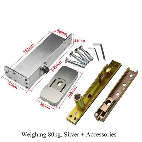 Heavy Duty Pivot Floor Spring Hinge With Hydraulic Door Closer For Zero Drama Install And Badass Holding Power And Solid Grip On Any Wood Door Or Furniture Project, featuring silver metal housing and included accessories.